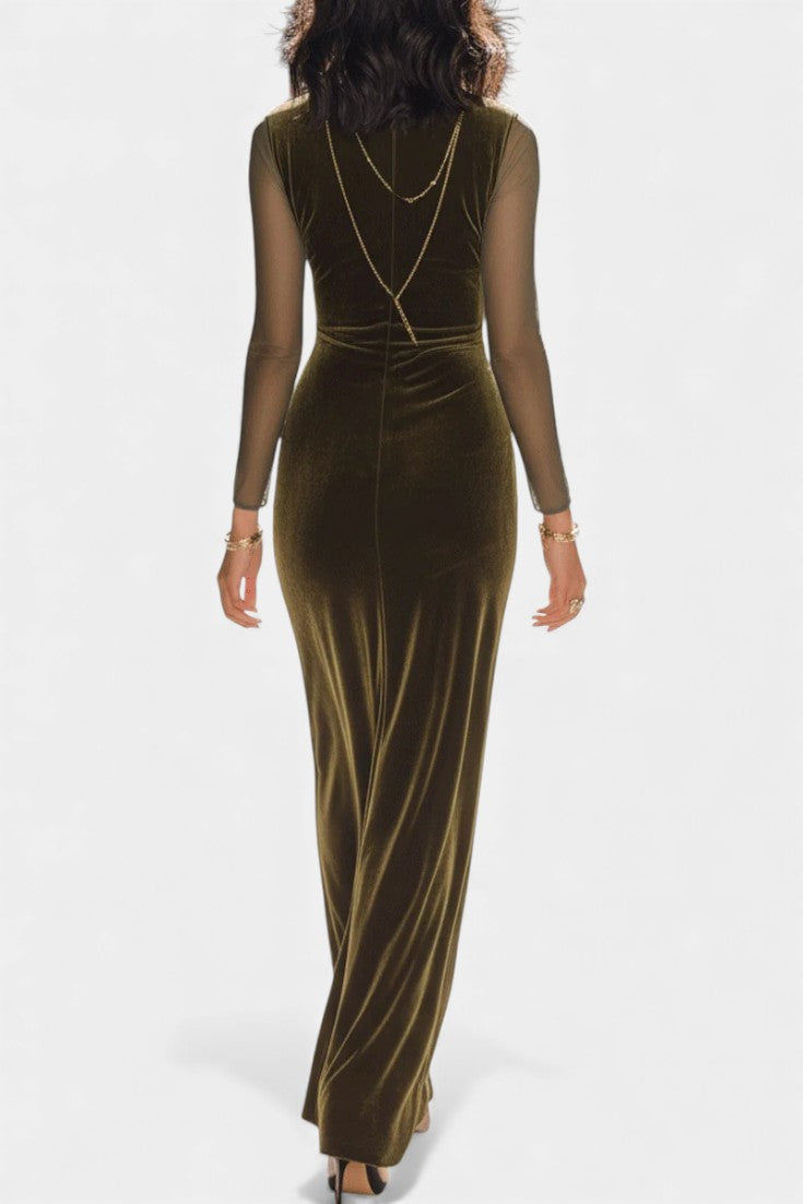 Rusina Robe Longue Olive à Manches Transparentes