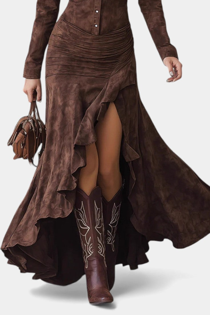 Tilda Robe Longue Marron Rétro à Volants Irréguliers