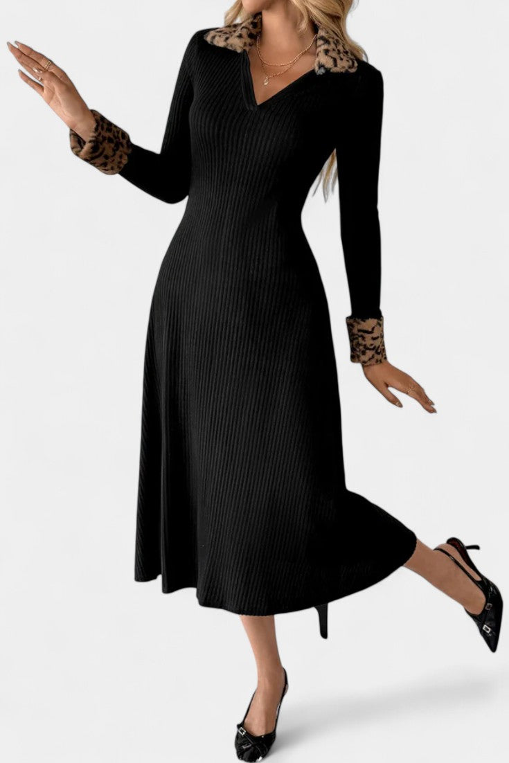 Héloïse Robe Midi Texturée Patchwork Léopard à Manches Longues