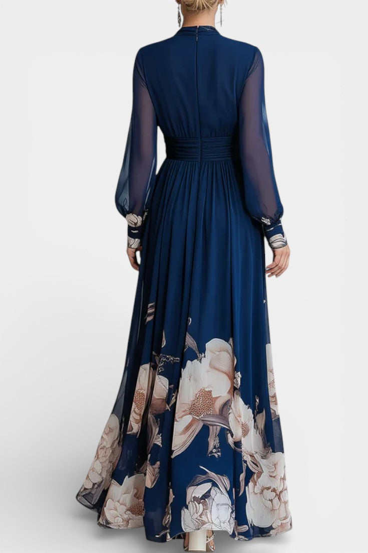 Ally Robe Longue Plissée Fleurie à Décolleté en V et Manches en Tulle
