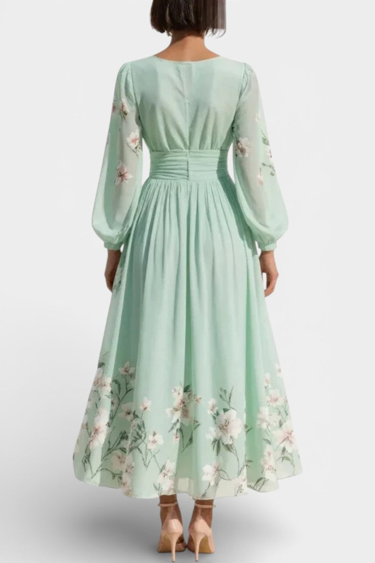 Shriley Robe Midi Plissée Florale en Chiffon Vert Clair à Col V