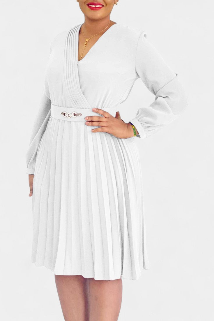 Lucie Robe Midi Plissée à Manches Longues et Ceinture