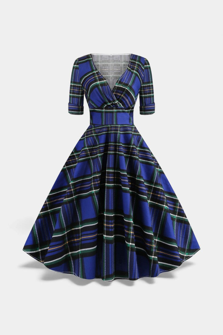Véra Robe Midi Évasée à Imprimé Plaid et Décolleté V Festif