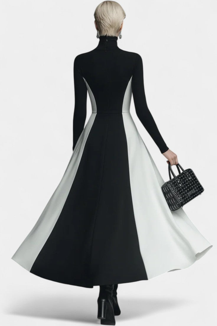 Malaurie Robe Midi Bicolore à Col Montant et Silhouette Évasée