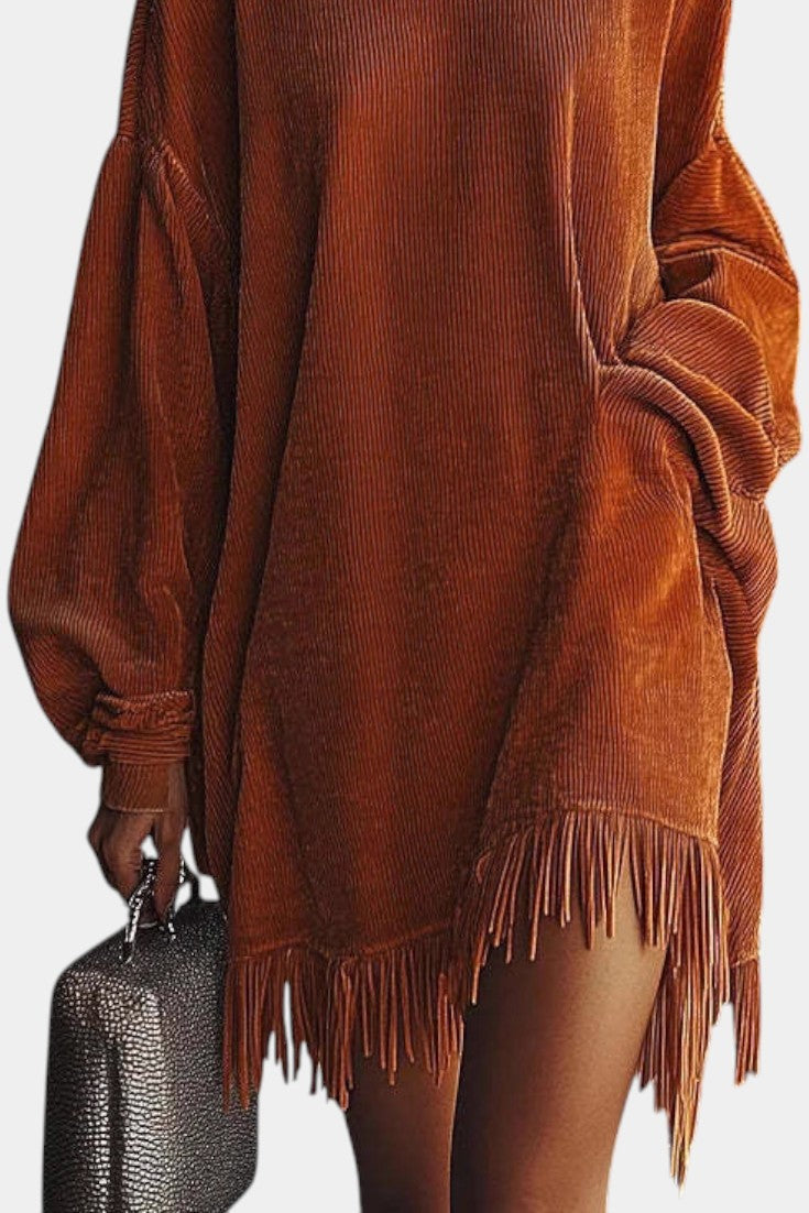 Régine Robe en Velours Côtelé Orange à Col Haut et Ourlet Frangé