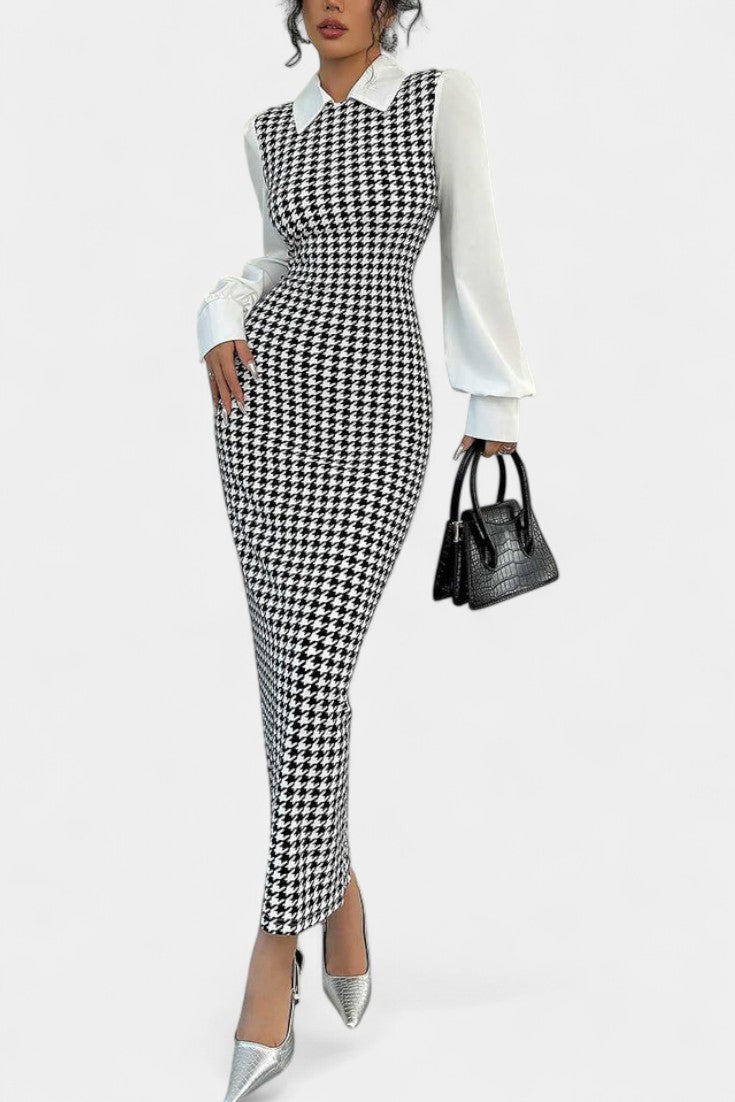 Claire Robe Maxi Patchwork à Imprimé Pied-de-Poule et Manches Bouffantes
