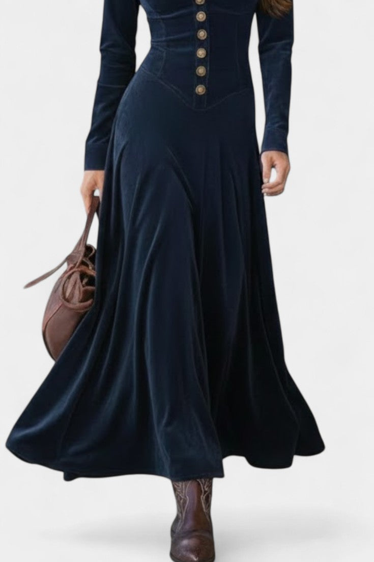 Romy Robe Longue en Suédé à Boutons et Décolleté Plongeant