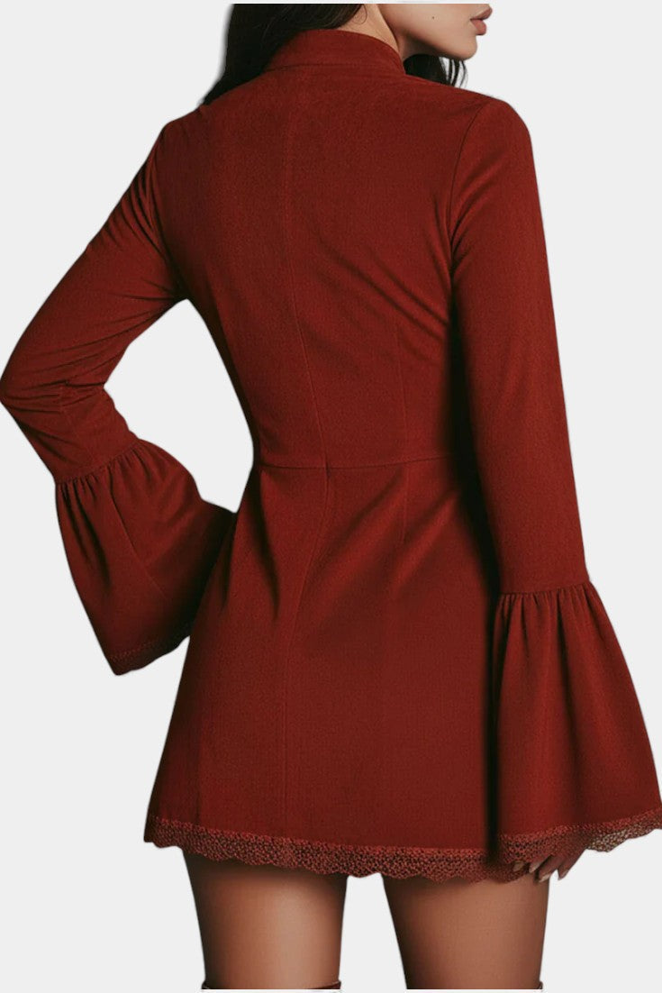 Vicenta Robe Mini en Suédine Brodée Rouge Rouille à Manches Évasées