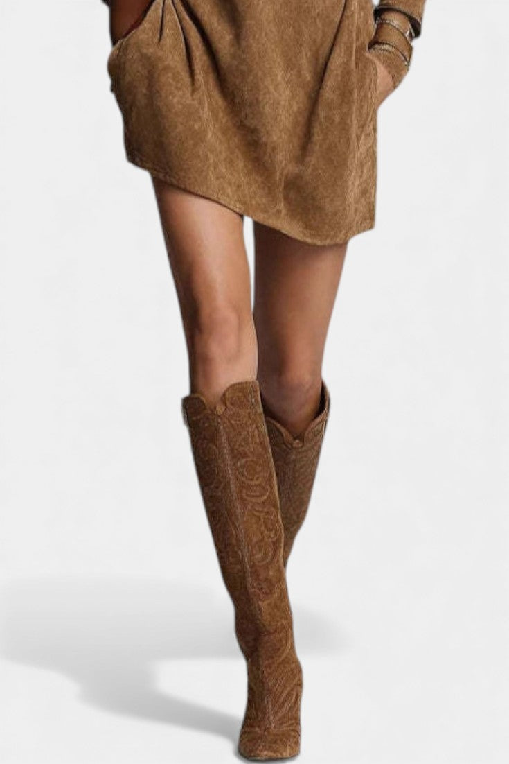 Solveig Robe Mini en Suède Marron à Col Roulé et Fermeture Éclair