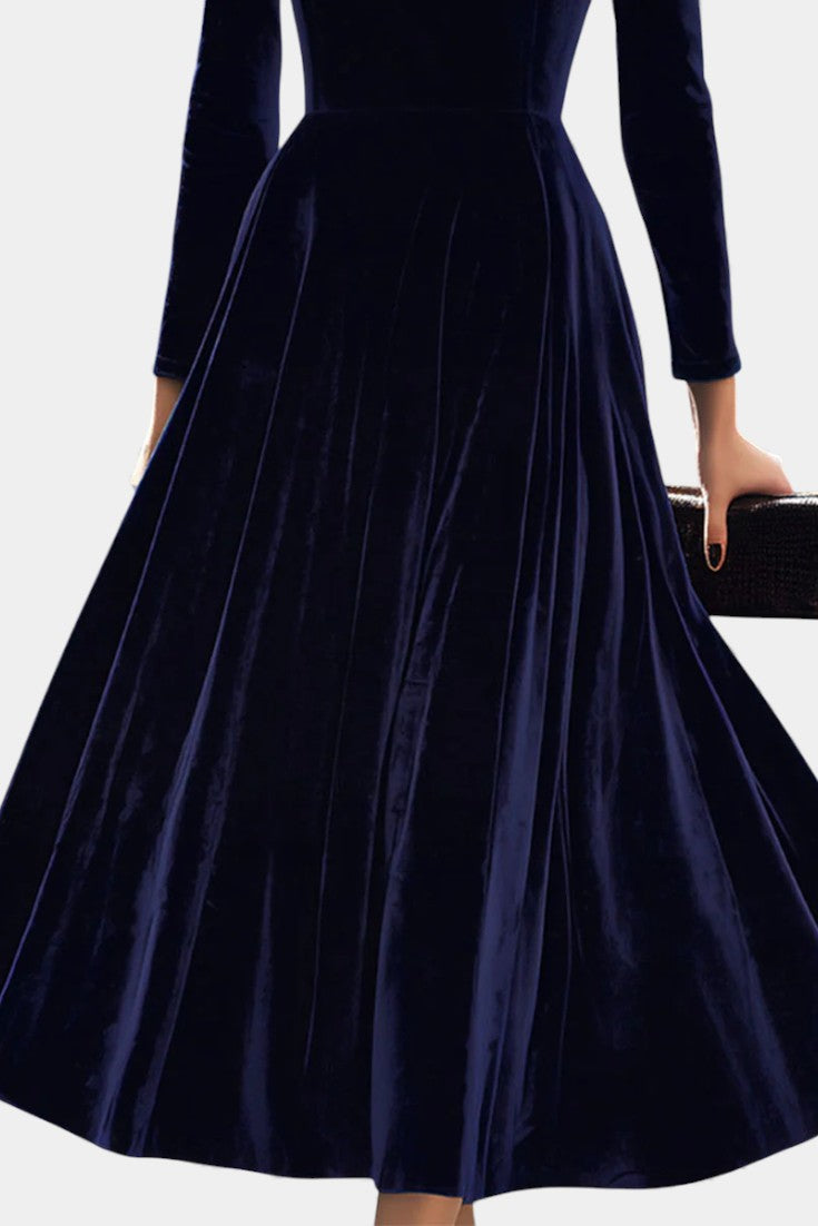 Zéliane Robe Midi en Velours Bleu Marine Luxueux