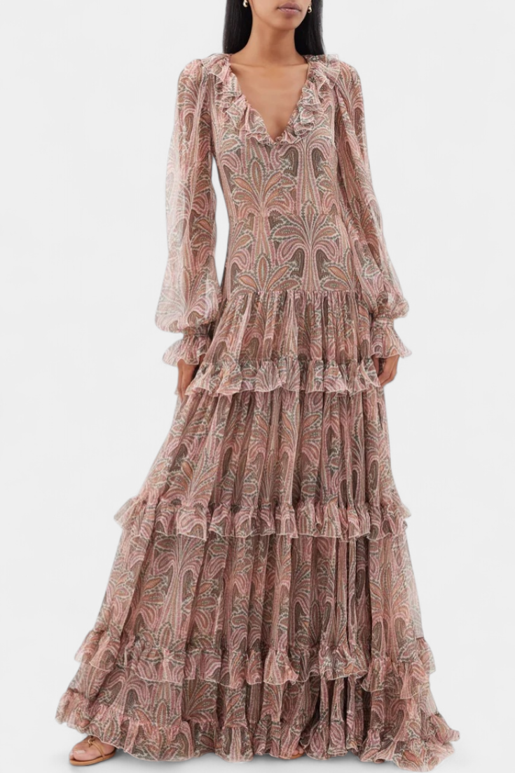 Ayla Robe Longue Volantée à Décolleté en V et Imprimé Paisley Bohème