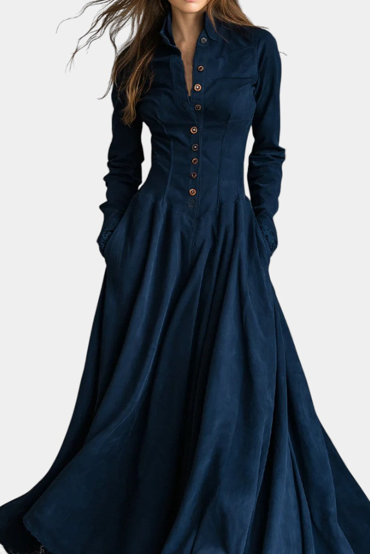 Maravilla Robe Longue en Suédine avec Col Chemise et Dentelle