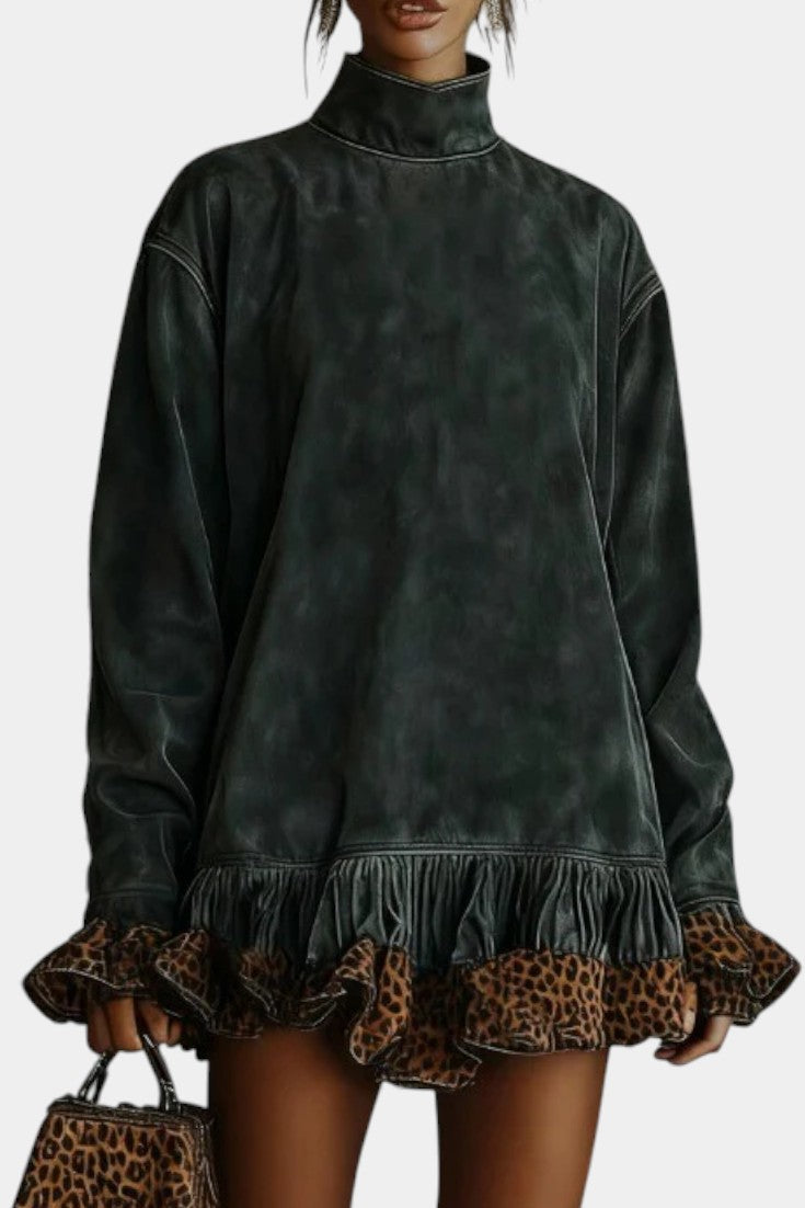 Vénitia Robe Mini en Daim à Col Roulé Asymétrique & Détails Léopard