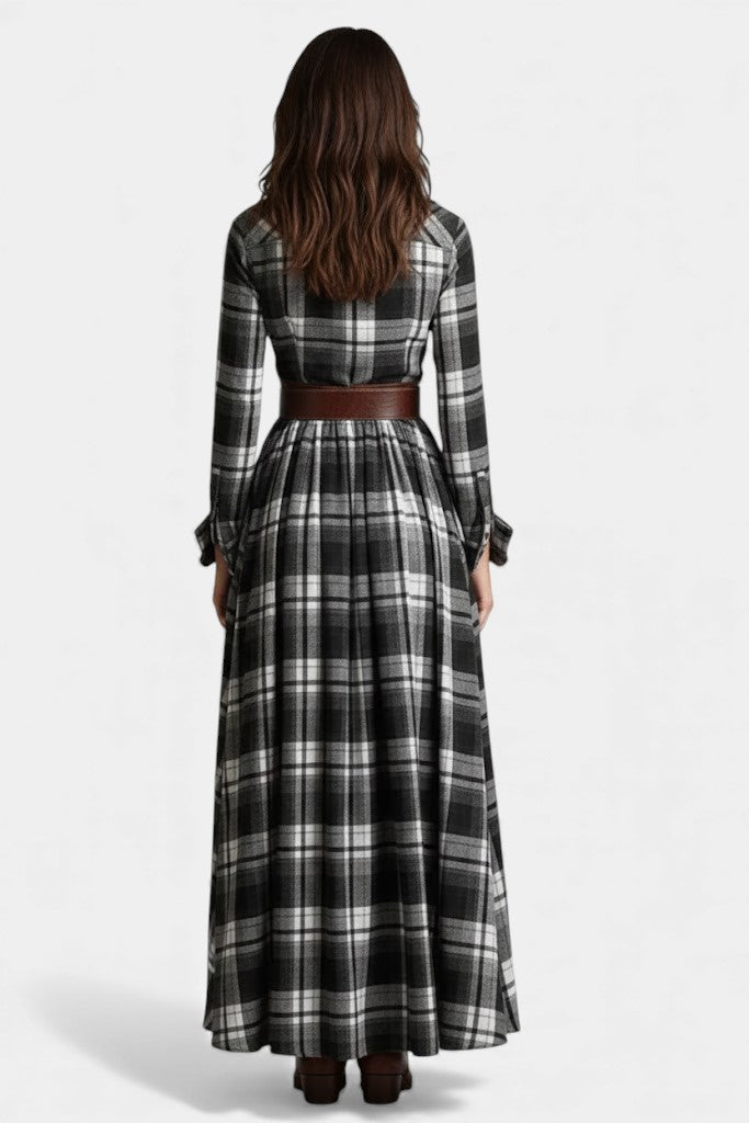 Eustelle Robe Maxi à Carreaux Noir avec Col