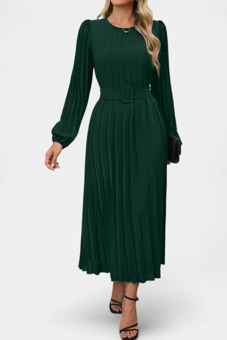 Christelle Robe Longue Plissée à Manches Bouffantes et Ceinture