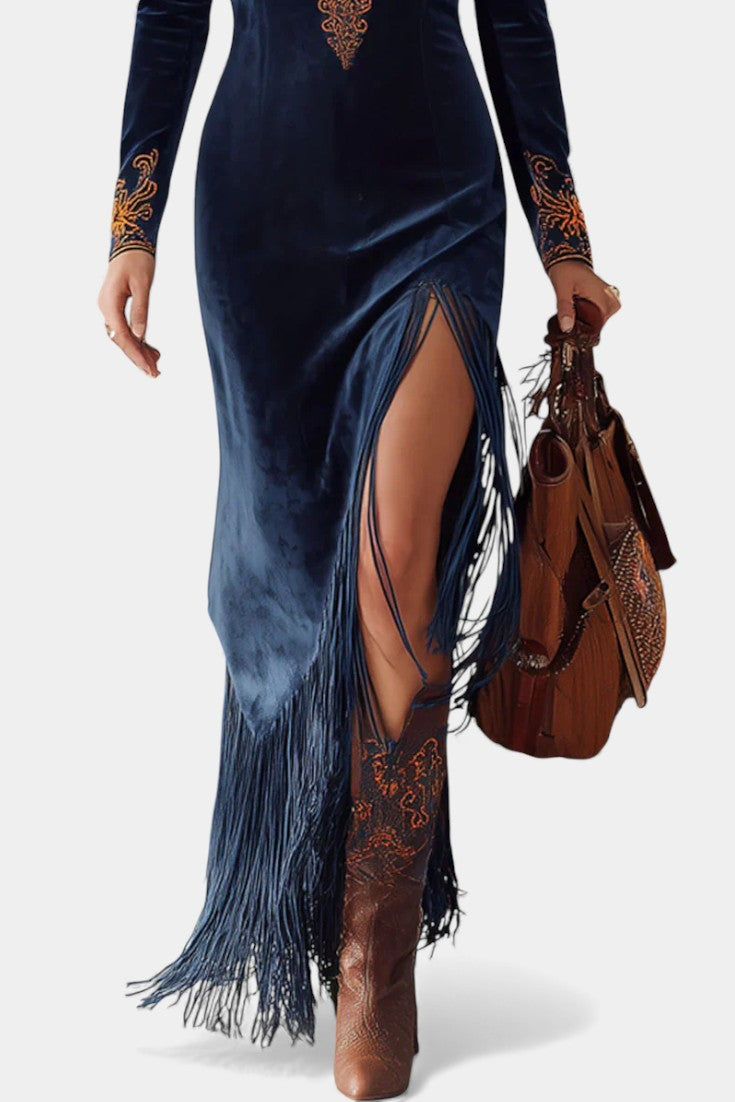 Raymonde Robe Longue avec Fente et Franges Brodées Ethniques