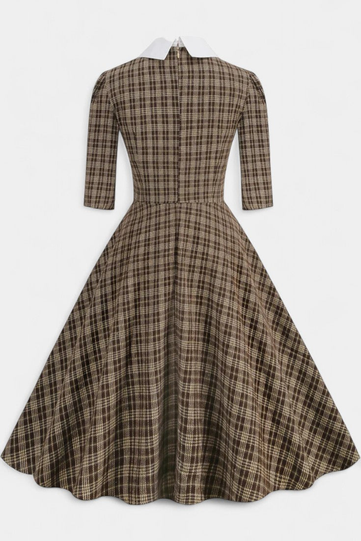 Natacha Robe Midi Évasée à Carreaux avec Col et Nœud