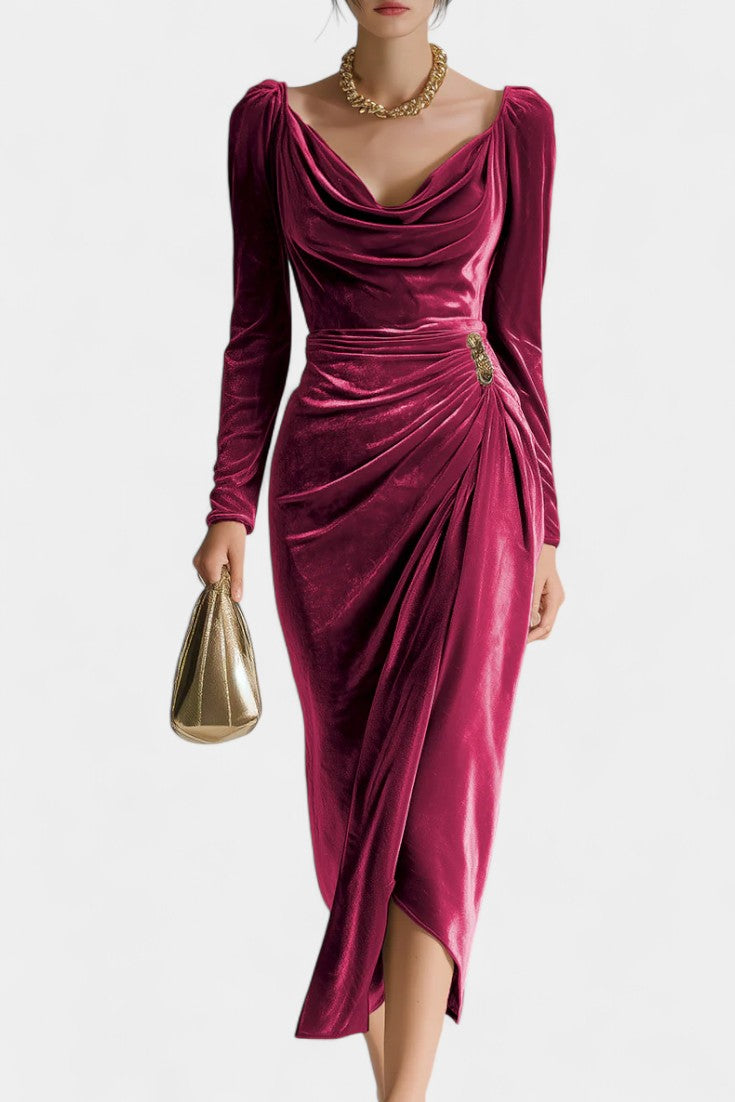 Chérane Robe Midi en Velours à Décolleté Froncé et Jupe Tulipe