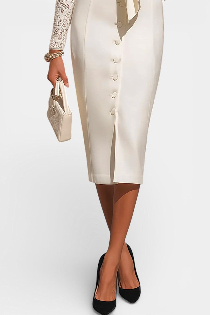 Cami Robe Mi-Longue à Manches en Dentelle Blanche et Col à Nouer