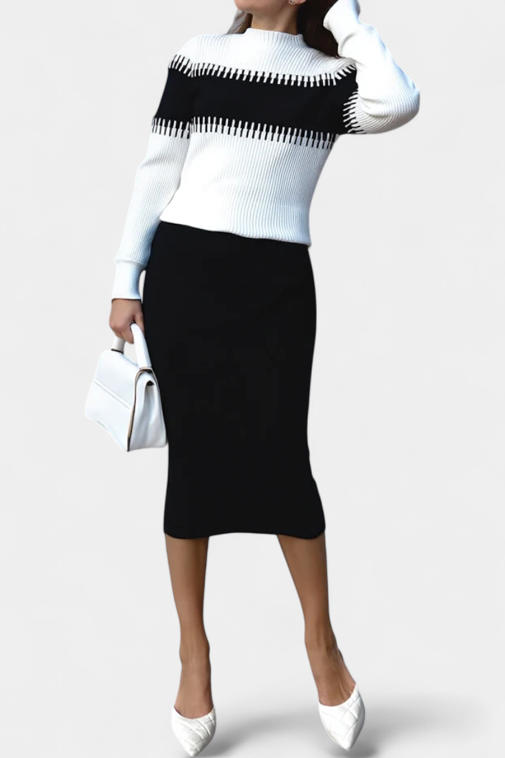 Sidonie Ensemble Robe Pull Midi Bicolore à Manches Longues