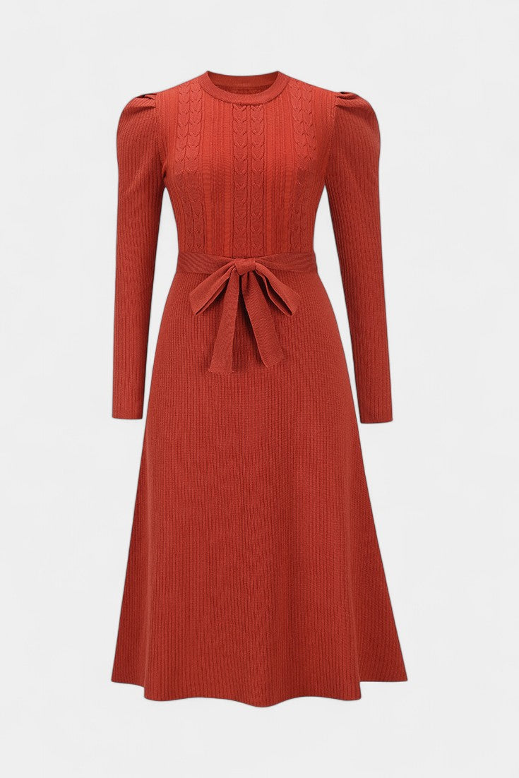 Évoria Robe Pull Midi Tricotée à Manches Bouffantes et Détail Lacé