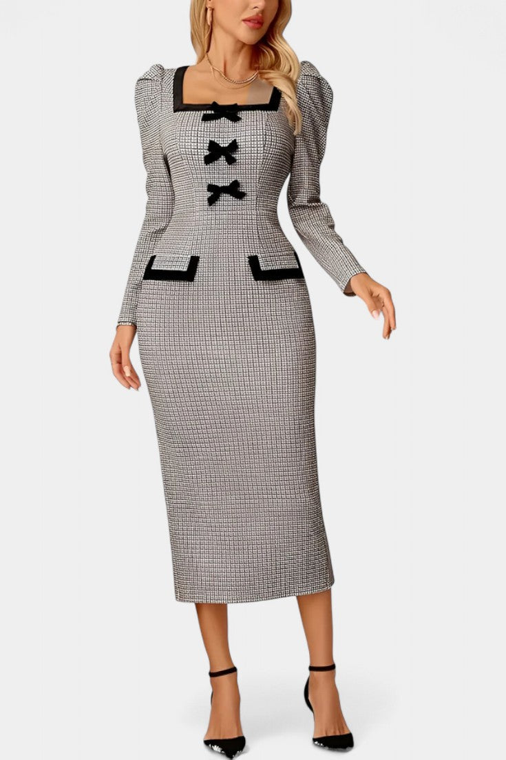Nevena Robe Midi Cintrée à Carreaux avec Manches Bouffantes et Nœud Décoratif