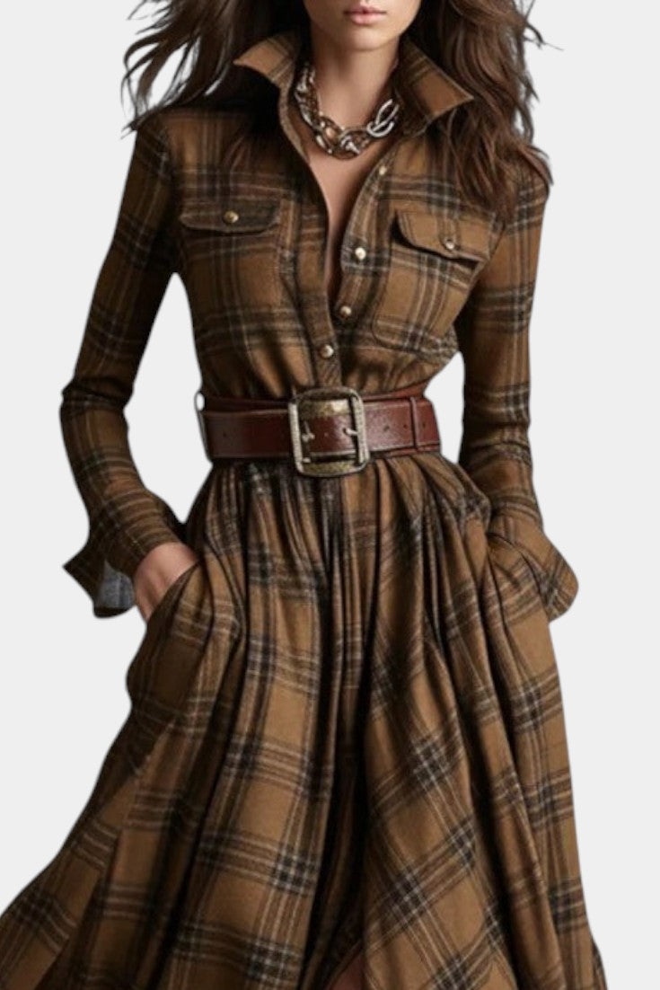Eustelle Robe Maxi à Carreaux avec Col