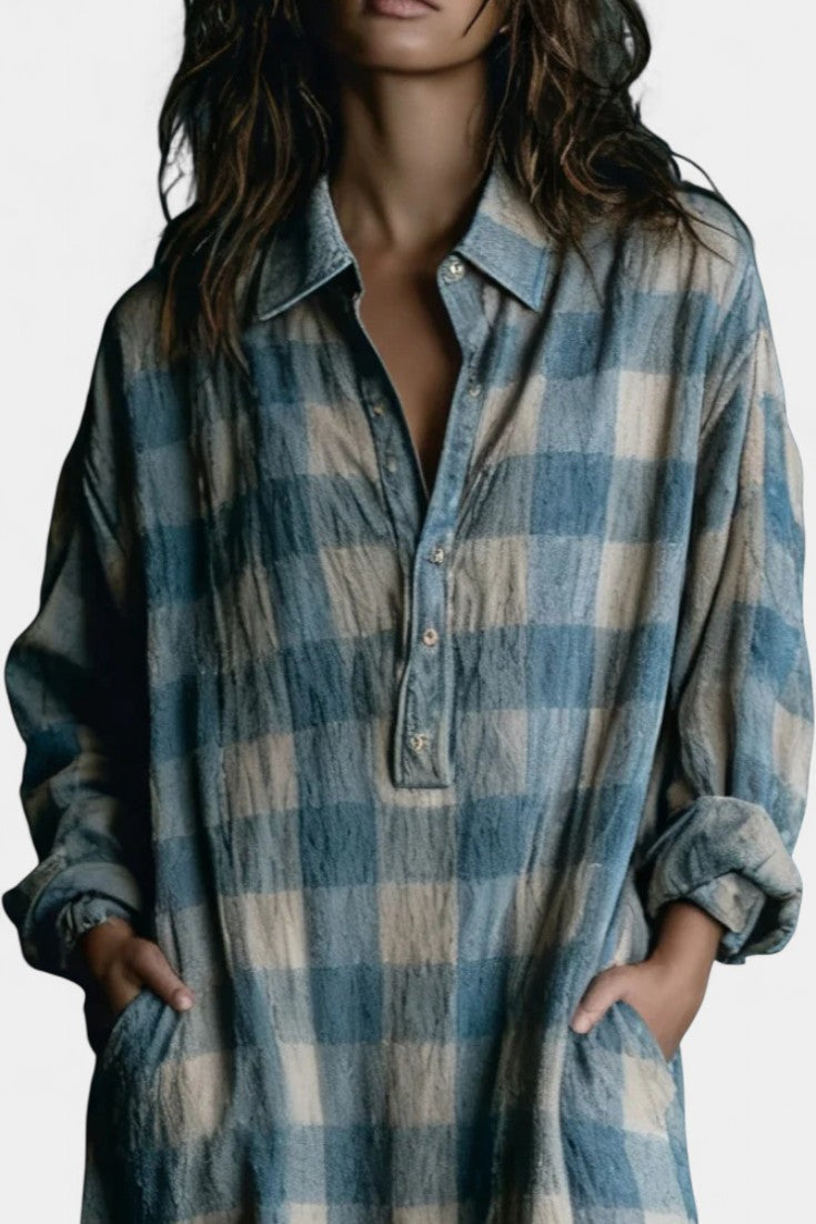 Pacifia Robe Maxi à Carreaux Bleus et Blancs avec Col Chemise