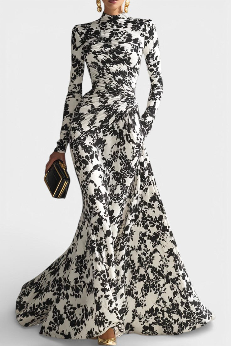Amada Robe Portefeuille Florale Noir et Blanc à Col Montant