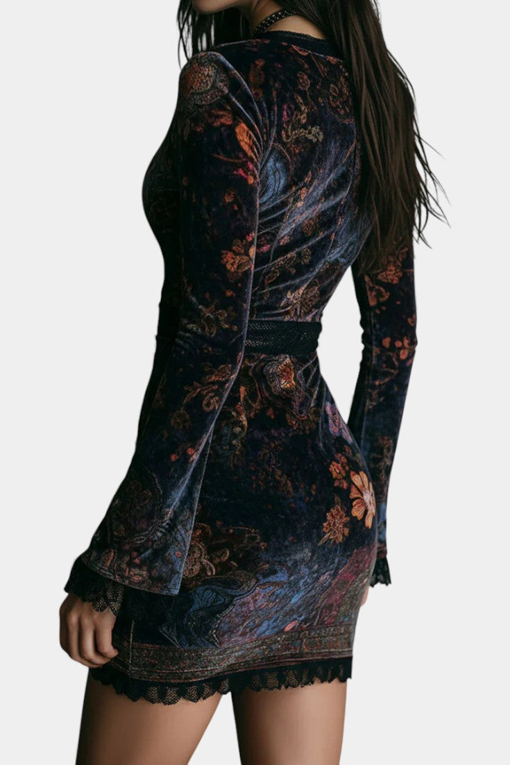 Maxine Robe Mini Slim Fit en Velours Floral avec Dentelle