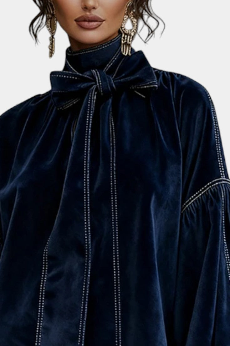 Toamela Robe Mini en Velours Bleu Foncé à Manches Lanternes