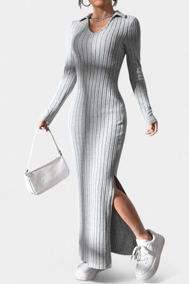 Élidia Robe Maxi Fendue à Col en V et Silhouette Ajustée