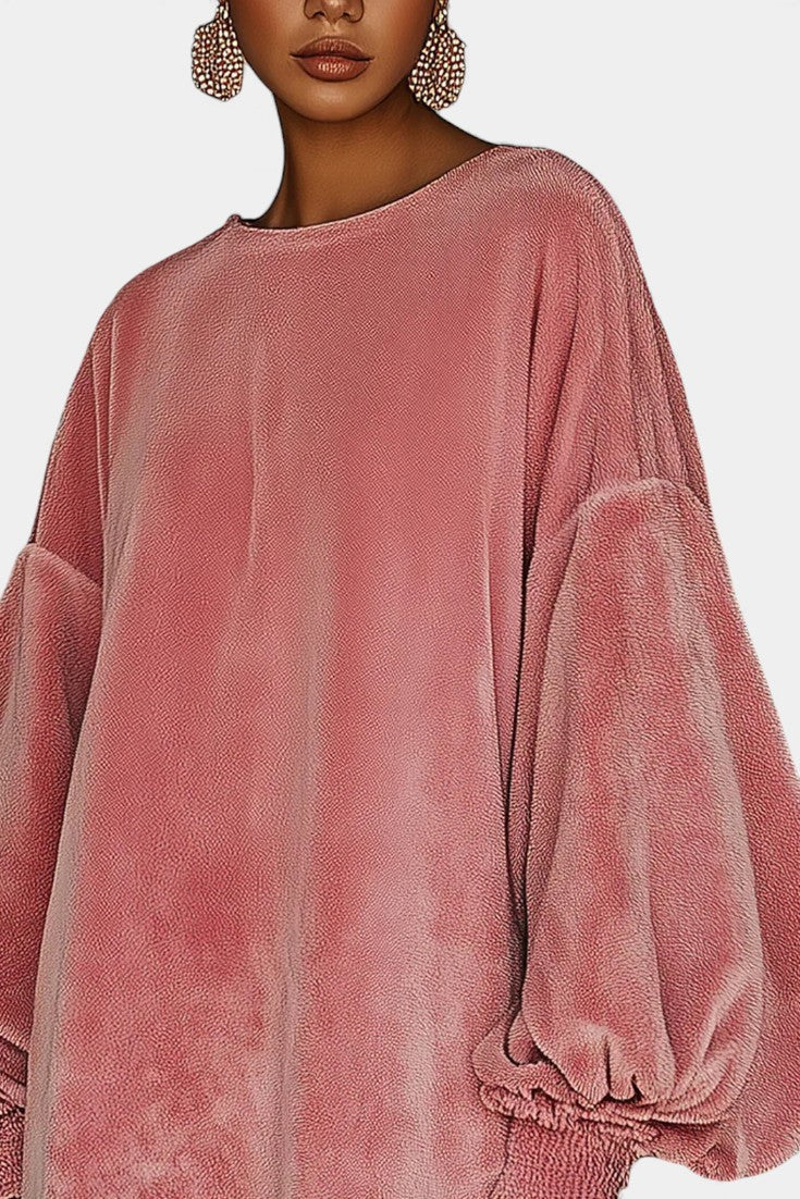 Danaë Robe Oversize en Velours Rose à Franges et Col Rond