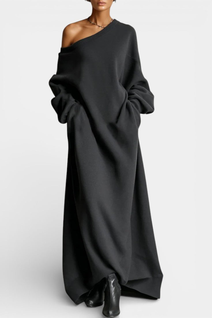 Sasha Robe Longue Sweatshirt Noire à Épaules Dénudées