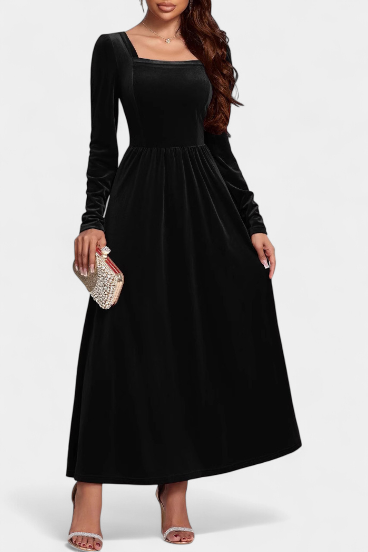 Stéphanie Robe Longue en Velours à Dos Nu et Col Carré