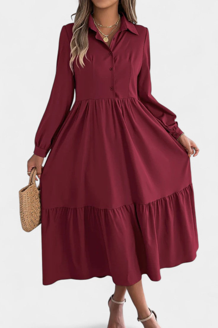 Jessica Robe Chemise Longue à Étages et Manches Longues Boutonnée