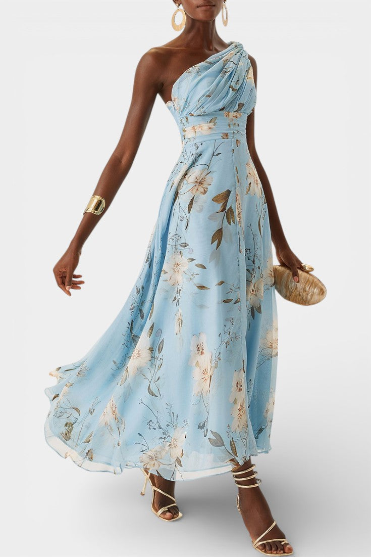 Lenay Robe Longue en Chiffon Plissé Fleuri Bleu Clair à Une Épaule