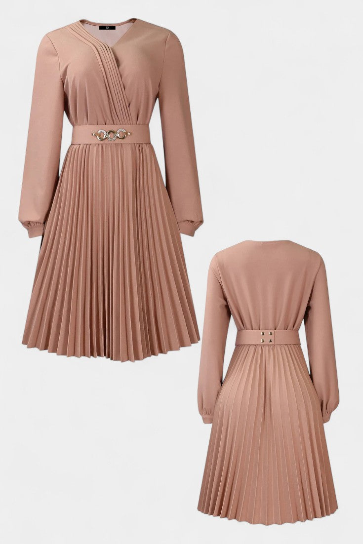 Lucie Robe Midi Plissée à Manches Longues et Ceinture