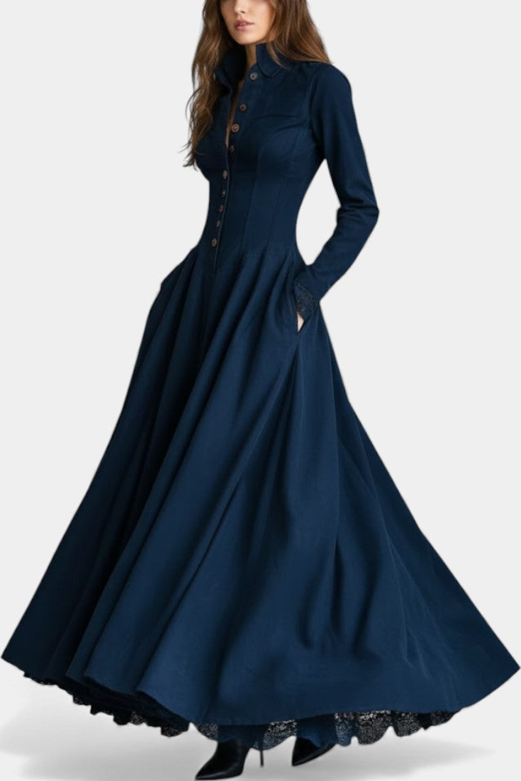 Maravilla Robe Longue en Suédine avec Col Chemise et Dentelle