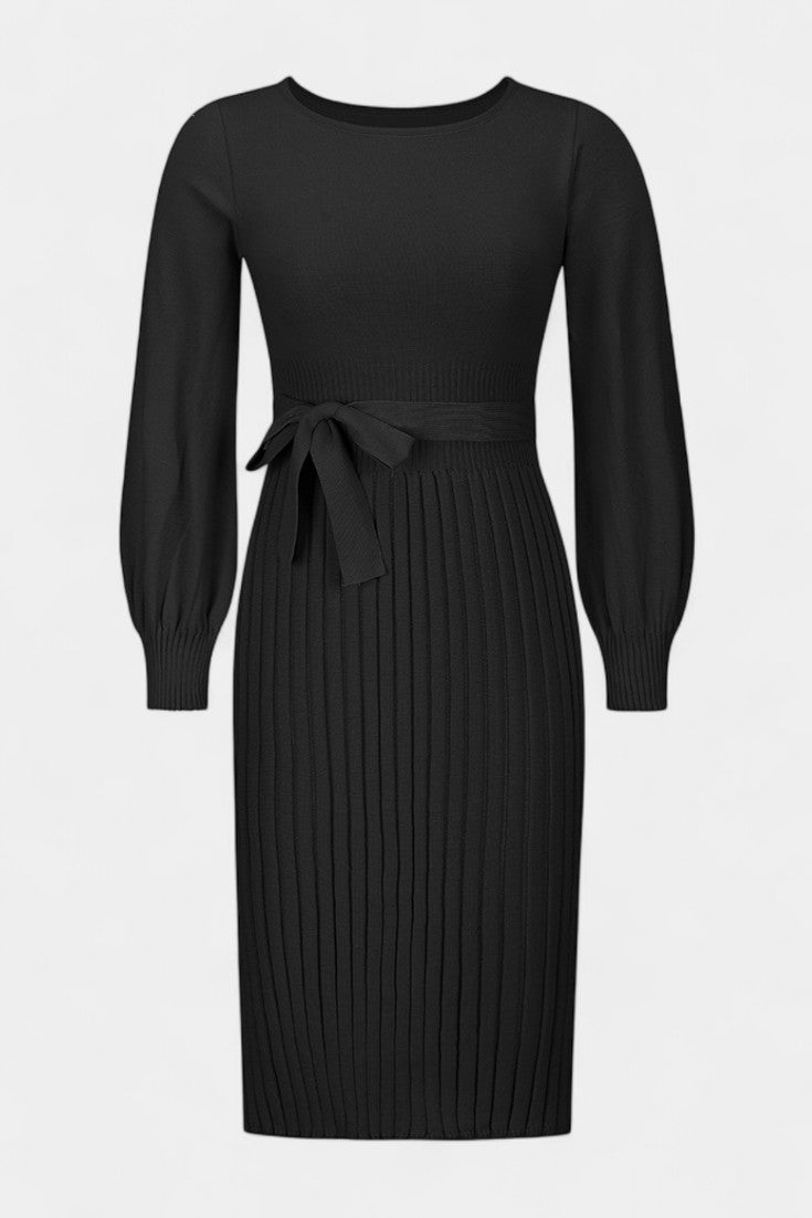 Chloéria Robe Pull Midi Plissée à Ceinture et Maille Côtelée