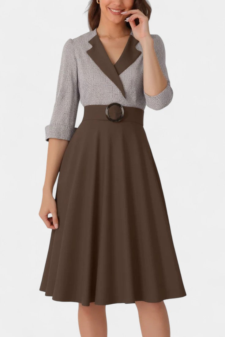 Maria Robe Midi Tailleur Bicolore à Ceinture Cercle