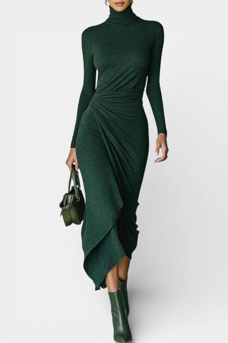 Estrella Robe Midi Drapée à Col Roulé Élégant