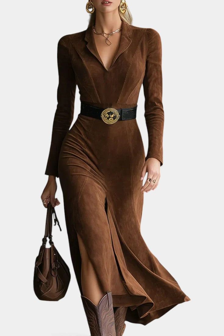Julia Robe Fendue en Faux Suède Style Western Rétro avec Ceinture