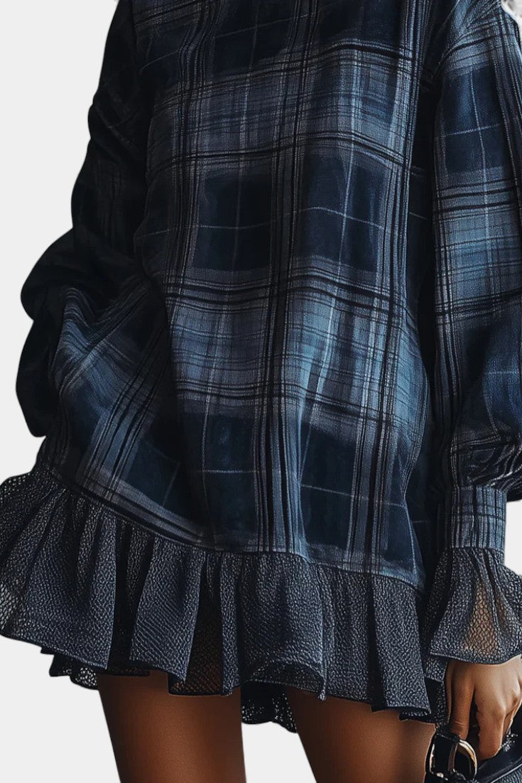 Alvetina Robe Mini à Col Montant en Maille à Carreaux Bleus