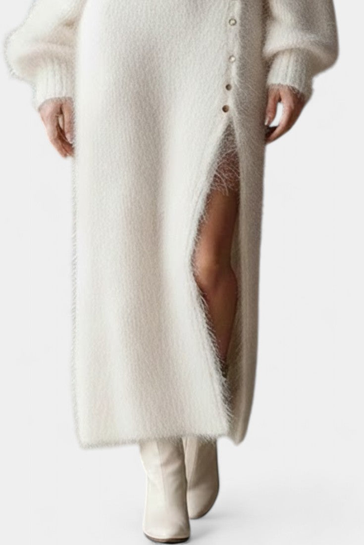 Méthilde Robe Midi Tricotée en Fourrure à Boutons Métalliques