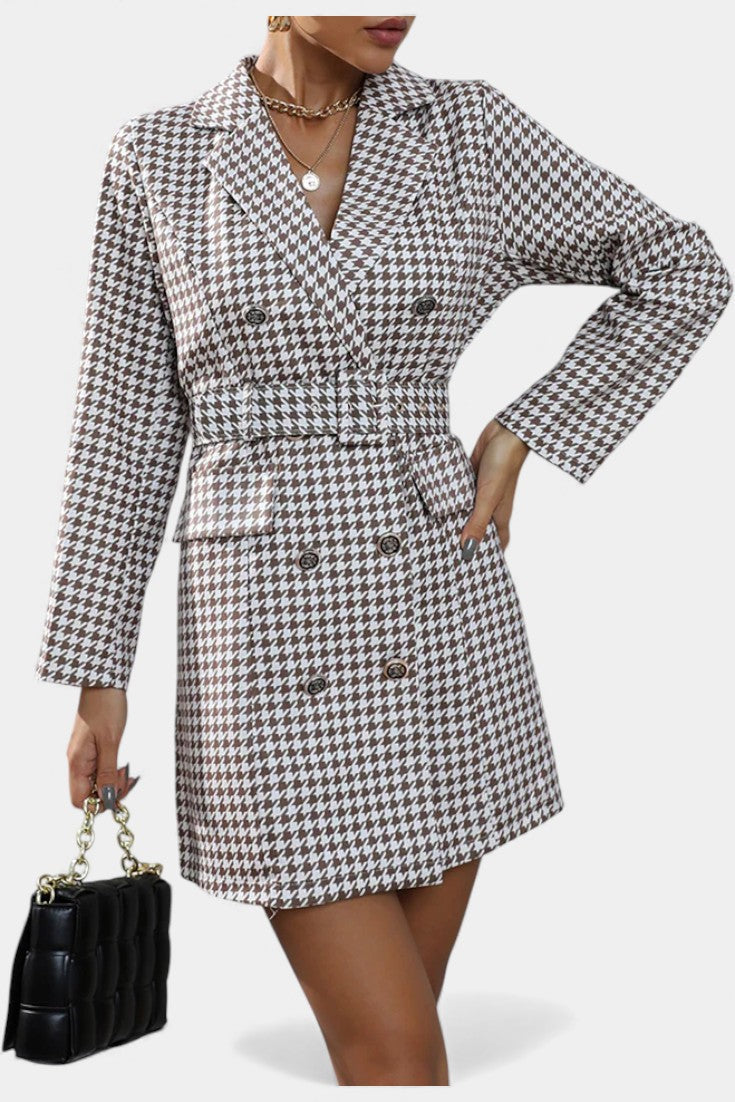 Maddy Robe Tailleur à Carreaux Pied-de-Poule avec Revers et Ceinture