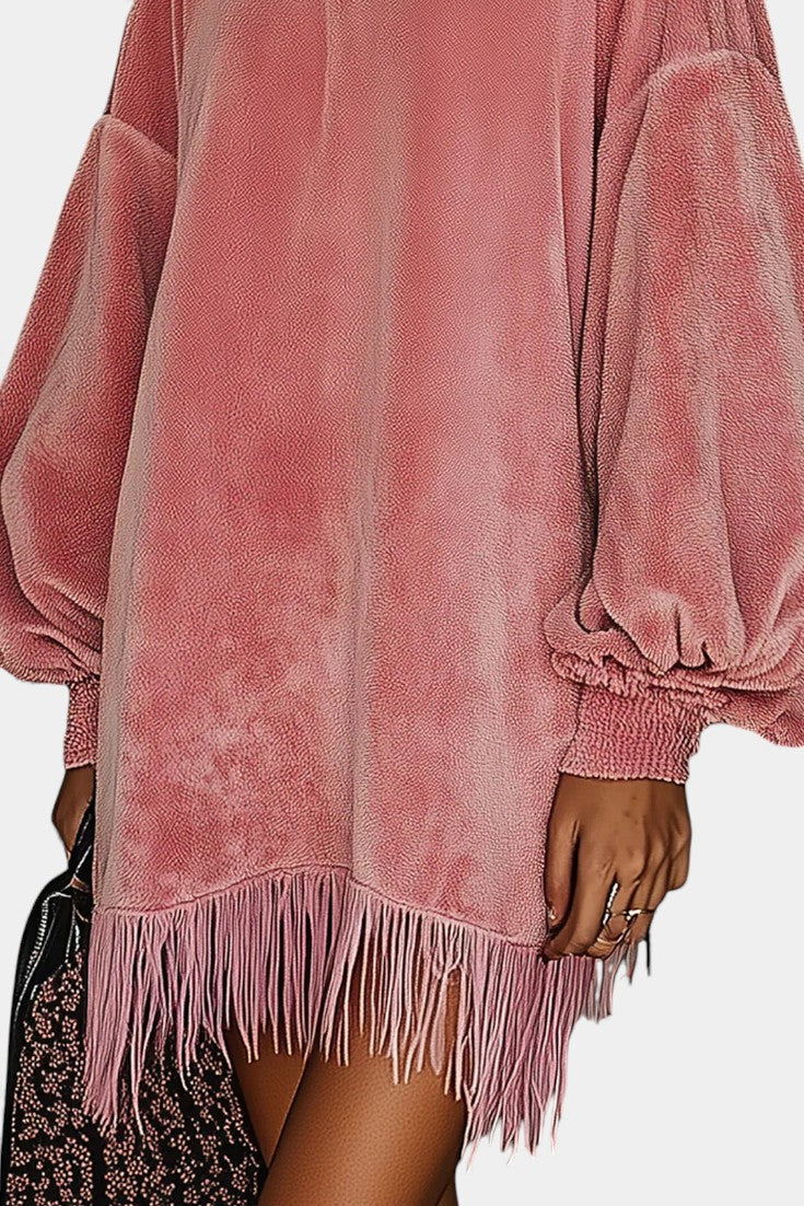 Danaë Robe Oversize en Velours Rose à Franges et Col Rond
