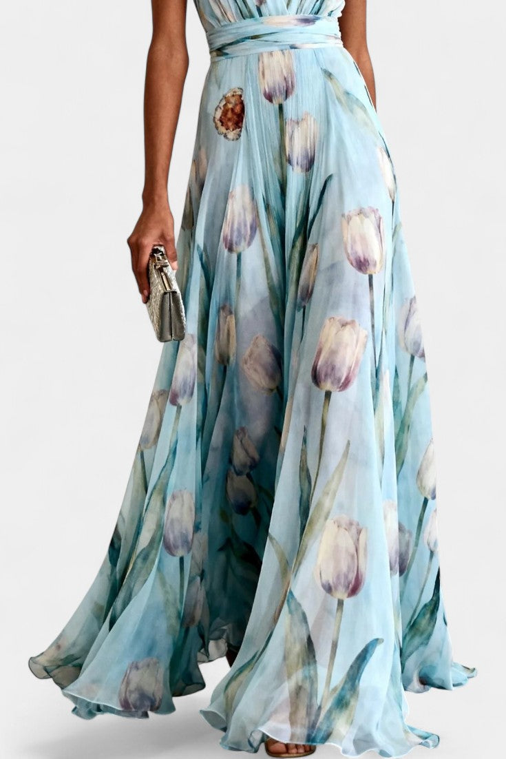 Philippa Robe Longue en Chiffon Fleuri à Décolleté en V