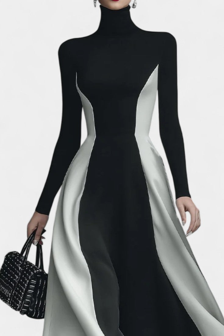 Malaurie Robe Midi Bicolore à Col Montant et Silhouette Évasée