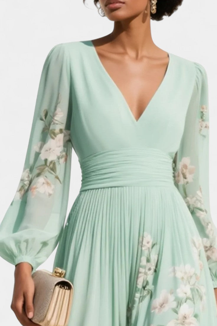 Shriley Robe Midi Plissée Florale en Chiffon Vert Clair à Col V